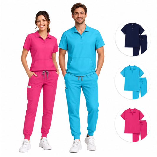 Women's Polo Collar Medical Scrub Set - Top + Jogger Pants