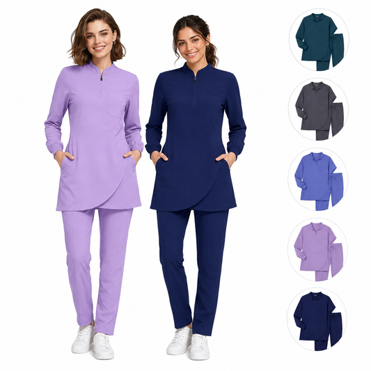 Women's Mandarin Collar Medical Uniform with Zipper - Top + Pants